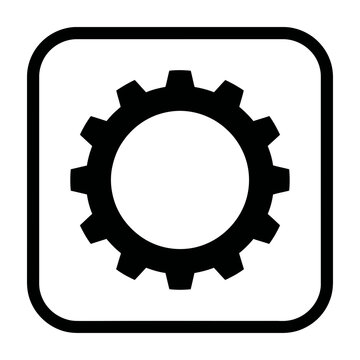 Black gear icon inside a rounded square frame on white background