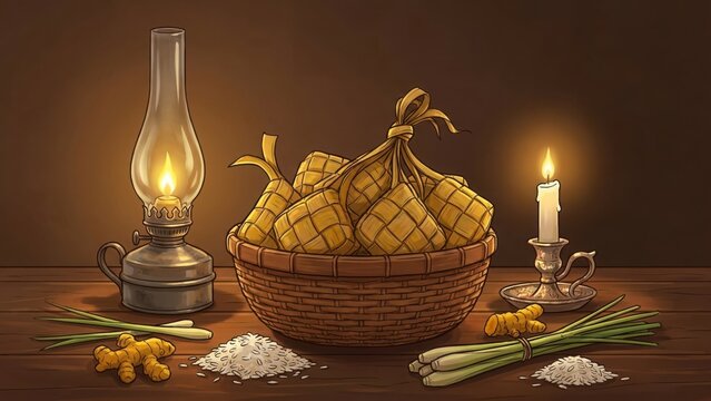 Traditional ketupat rice dumplings in a woven basket with a vintage oil lamp and candle on a wooden table for eid al-fitr celebration setting