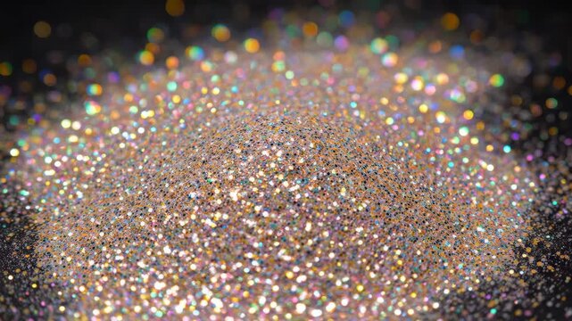 Scattered multicolored glitter sequins, gold glitter particles flowing