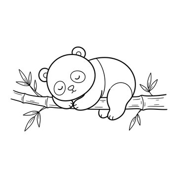 Cute panda cub sleeping on a bamboo branch, simple black and white line art illustration.