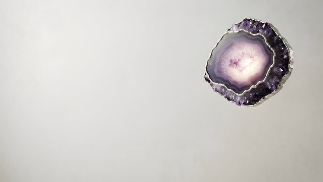 Luminous amethyst geode slice with metallic trim and crystalline clusters