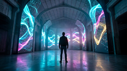 Fototapeta premium Person standing alone in a large archway hallway with immersive digital light art display