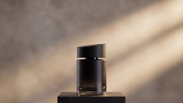 Perfume bottle sitting elegantly on a dark pedestal under soft warm diagonal light rays.