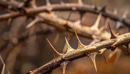 Fototapeta premium Crown of Thorns on a Branch with Sharp Spikes and Natural Brown Texture in Close-Up Nature Background
