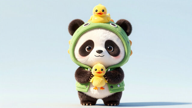 Cute cartoon panda and duckling enjoying a sunny day