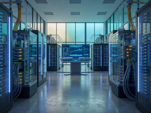 Ai network server room featuring futuristic racks and central monitoring console with status screen