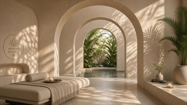 Minimalist Mediterranean villa patio with arched openings and warm sunlight shadows