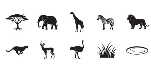 Fototapeta premium Set of black silhouette african safari animal icons including elephant giraffe lion and acacia tree. A collection of flat vector icons representing wild african animals and savanna landscape elements.