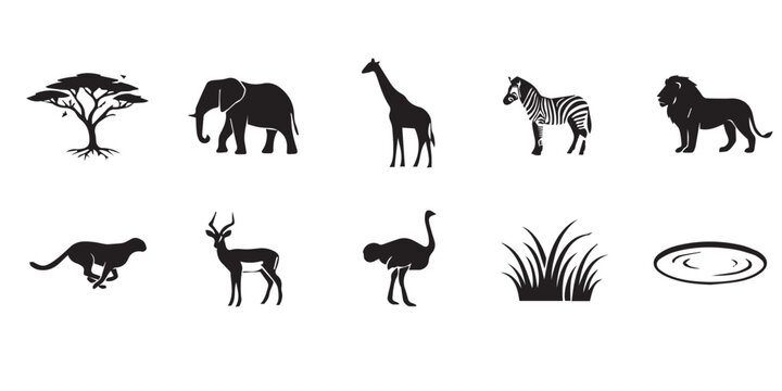 Set of black silhouette african safari animal icons including elephant giraffe lion and acacia tree. A collection of flat vector icons representing wild african animals and savanna landscape elements.