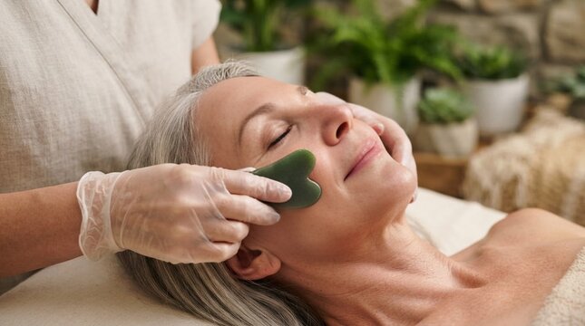 Beautician using green jade gua sha stone for facial massage on mature woman at spa
