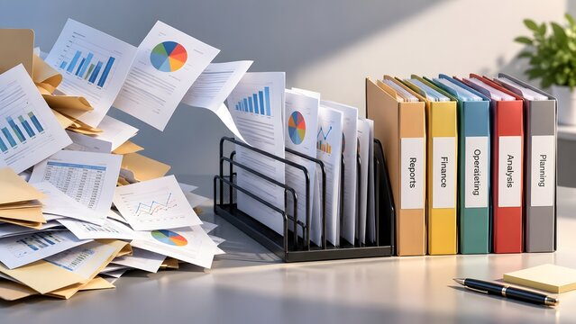 Flying financial reports sorting into neat desk organizer and colorful binders representing business workflow organization