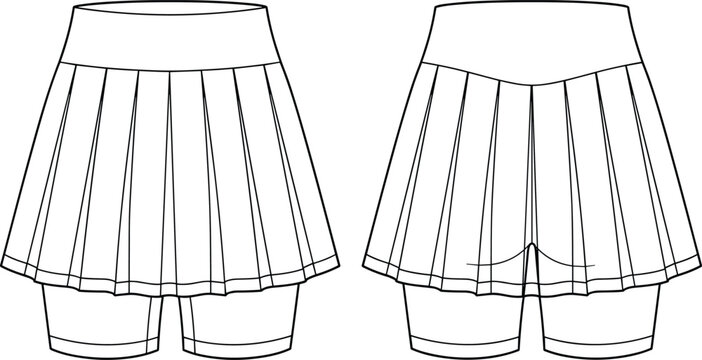 Black and white flat sketch vector of a women athletic pleated skort with inner shorts