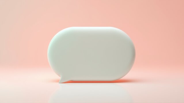 Minimalist speech bubble. Soft pink backdrop creates gentle contrast. Clean design, smooth surface, reflection visible. Simple studio shot.