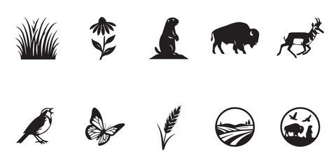 Obraz premium Collection of North American wildlife and nature icons featuring bison prairie dog and wildflowers. A set of black silhouette icons depicting prairie animals flora and landscape scenes for design 