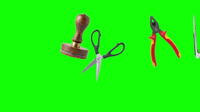 Seamless pattern of scattered workshop tools and office stamps on a green background
