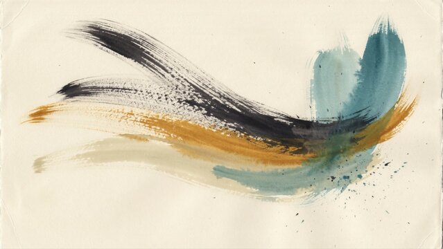 Abstract watercolor brush strokes in black, ochre, and muted blue