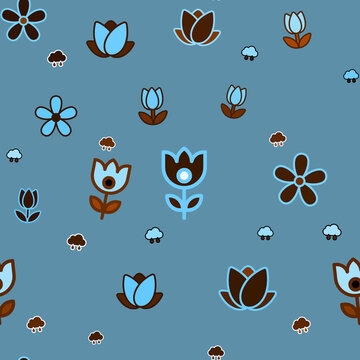Stylized flowers and clouds seamless pattern