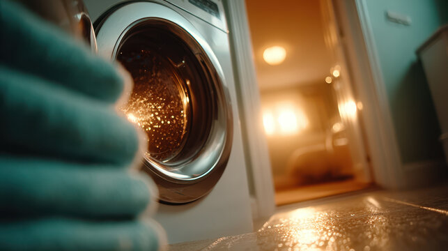 White front loader washer in warm lit laundry room for appliance advertisement and home cleaning lifestyle imagery showing machine door and folded towels on tiled floor for ecommerce use