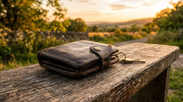 A vintage leather wallet with metal keys resting on an old wooden bench at sunset countryside forgotten material keychain personal belongings tranquil afternoon