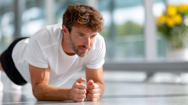 Bearded man performing forearm plank for core stability and strength training on gym mat for wellness background