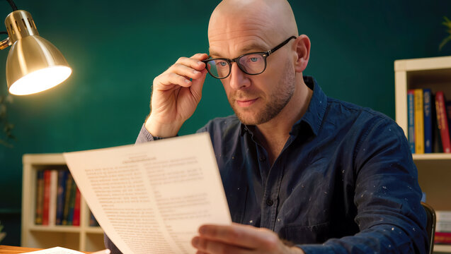 Bald man in glasses reads a printed document at a desk beside a warm lamp and bookshelves, with the readable letter A supporting research, paperwork and focused office work