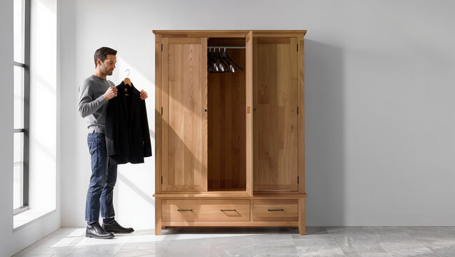 Man holding a black jacket beside an open wooden wardrobe with hanging clothes and drawers, bright home interior, clothing organization and the letter A visible