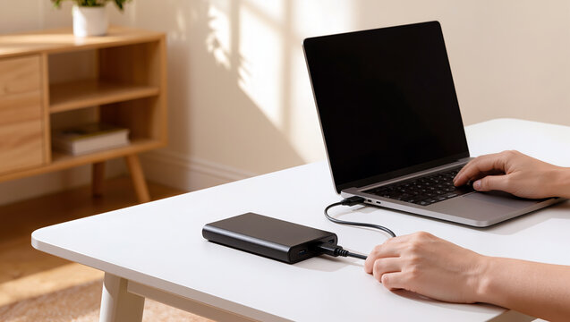 Hands connect a portable power bank to an open laptop on a white table in a sunlit home workspace, showing battery charging, cable connection and everyday technology