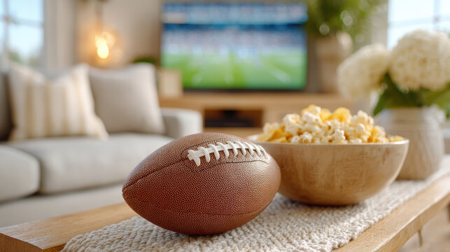 Low angle foam american football on a textured rug with popcorn and blurred living room tv for game day background and sports banner design