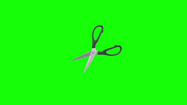 Pattern of stainless steel scissors with black handles isolated on a bright green background