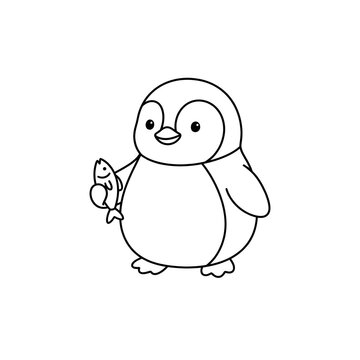 Cute penguin chick holding a fish, simple black and white line art vector illustration.
