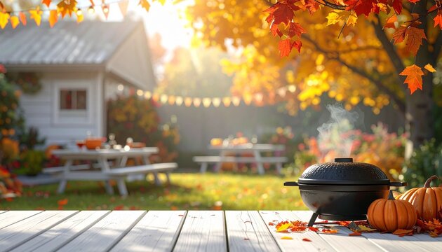 A backyard fall party with a barbecue grill and white wooden tables, with a blurred backdrop.