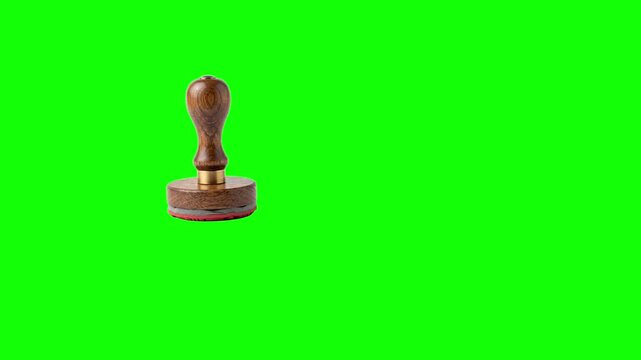 Floating wooden rubber stamps on a bright green chroma key background