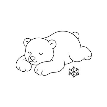 Cute sleeping polar bear cub line art illustration with a snowflake icon