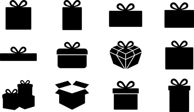 A collection of twelve black silhouette icons representing various gift boxes with ribbons and bows for holidays birthdays and special celebration event themes