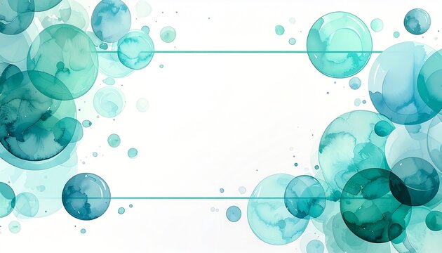 Minimal white background with translucent mint, aqua and pale blue watercolor circles and thin frame lines