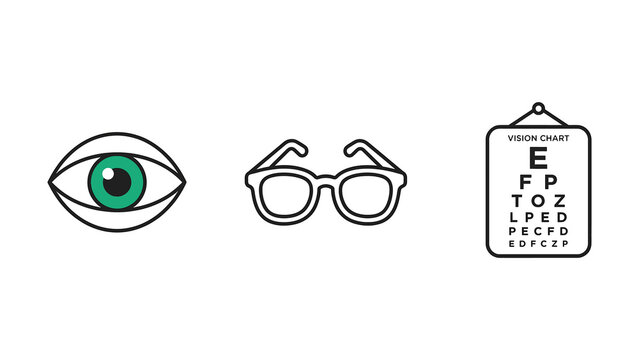 Ophthalmology Eye Iris Eyeglasses Vision Snellen Eye Chart Medical Line Icon Set