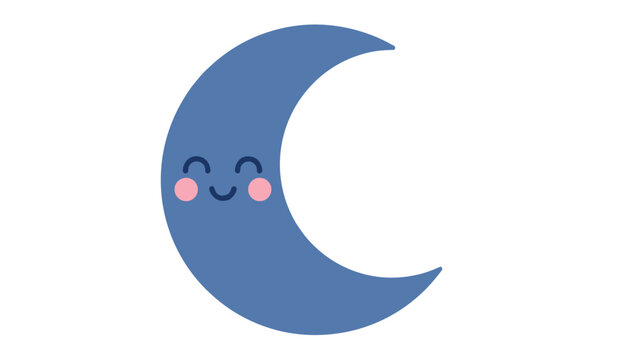 Cute cartoon character of a smiling blue crescent moon with rosy pink cheeks isolated on a clean white background.
