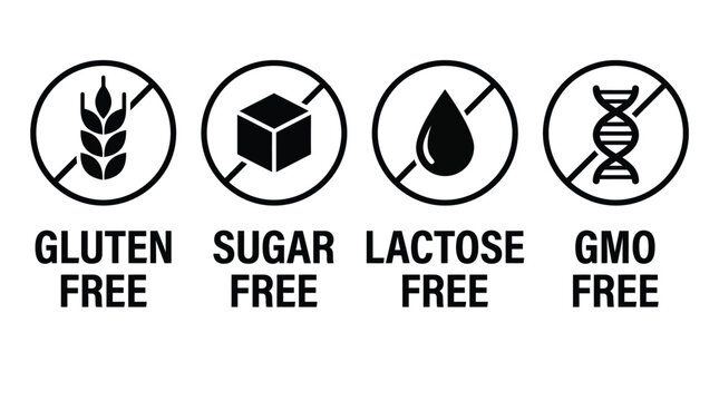 Dietary restriction icons featuring black symbols for gluten sugar lactose and gmo free food labels