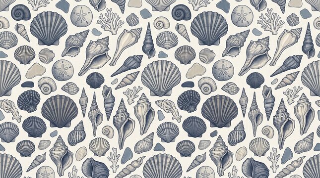 Seamless Vintage Seashell Pattern With Hand-Drawn Shells, Coral, Sand Dollars and Beach Stones