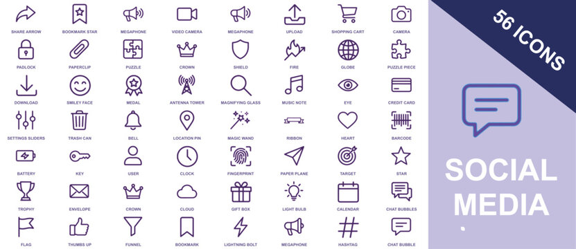Set of fifty six purple line featuring social media symbols and various interface user