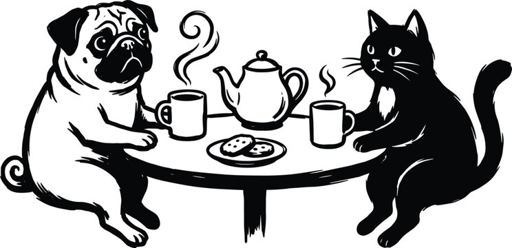 Cute pet character vector sketch featuring a pug dog and black cat drinking hot tea together
