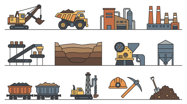 Creative Illustrated Set of Mining and Industrial Equipment with Earthy Tones and Flat Design Style