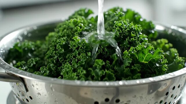 Fresh green kale being washed in a colander while water flows down creating a refreshing healthy food preparation scene