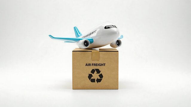 Airplane model on recycled cardboard package representing sustainable travel