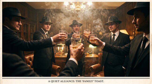Men in suits and fedora hats raising whiskey glasses for a toast during a secret vintage gathering