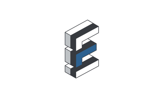 Stylized three dimensional isometric letter E logo design rendered in black, white, and a single blue highlighted section on white background.
