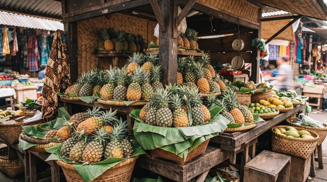 Fresh pineapples displayed at a rustic tropical market stall with woven baskets and natural textures, representing local produce, agriculture, and traditional food culture.