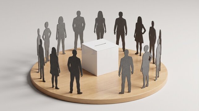 Group of human silhouettes standing around a white ballot box on a circular wooden base representing voting and democratic election process