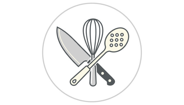 Flat style vector illustration of crossed kitchen utensils including a chef knife, wire whisk, and slotted spoon inside a circular frame.