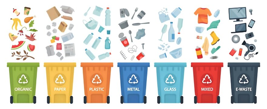 Recycling bins and sorted waste types illustration